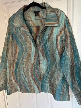 Vintage Lane Bryant Crinkle Foiled Jacket with Blue and Brown Wavy Pattern Artsy